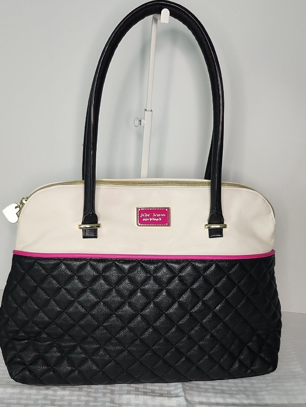 Betsey Johnson Two Tone Quilted Satchel Tote Cream Black